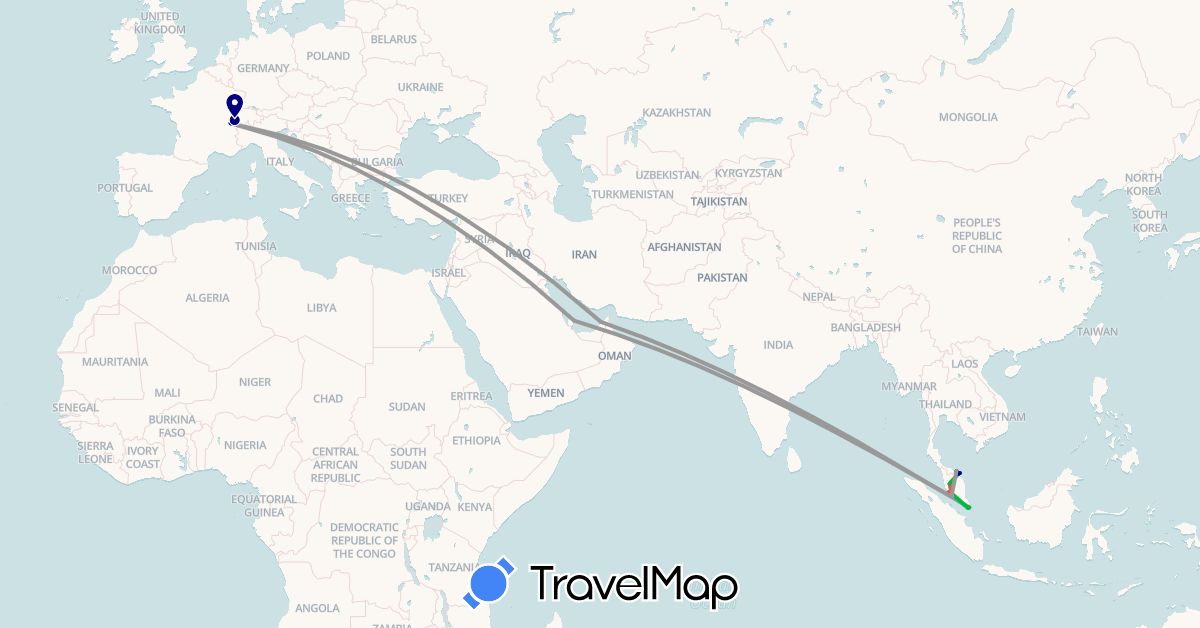 TravelMap itinerary: driving, bus, plane, hiking, boat in United Arab Emirates, Switzerland, Malaysia, Qatar, Singapore (Asia, Europe)